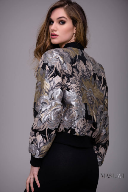 Model wearing Jovani M51288 multi-colored floral bomber jacket, back view.