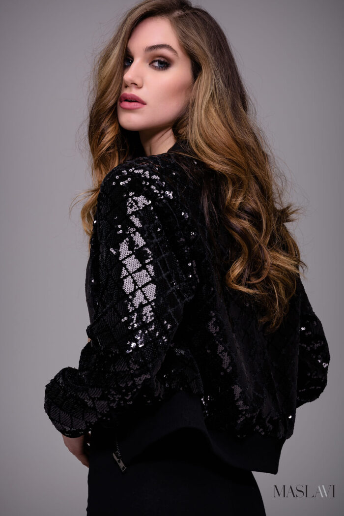 Model wearing Black Sequined Contemporary Bomber Jacket by Jovani M52082