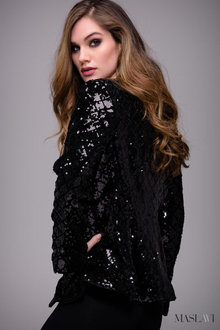 Model wearing Black Sequined Ready to Wear Blazer by Jovani M52083