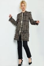 Jovani M54805 model wearing multi-color textured tweed coat with buttons, seen from the front.