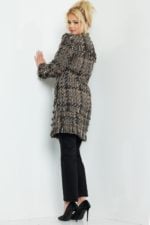 Jovani M54805 front view model showcasing elegant tweed coat in multi-color.