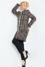 Jovani M54805 model displays a front view of a multi-colored tweed coat emphasizing detailed buttons.