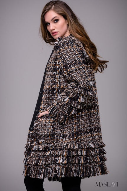 Model showcasing Jovani M54805 front view of tweed coat with embellished detail and long sleeves in multi-color.