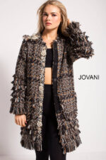 Front angle of model in Jovani M54805 dressed in textured tweed coat with embellished buttons in multi-color.