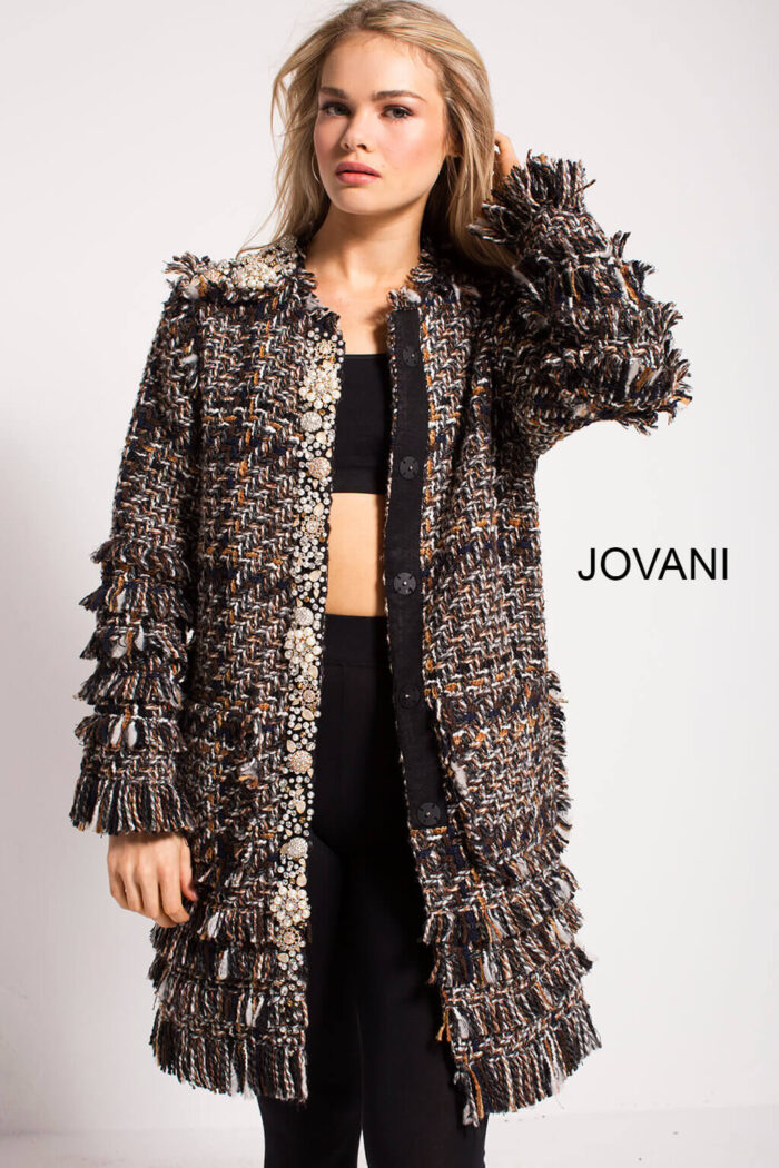 Model wearing Multi Three Quarter Length on Trend Jacket by Jovani M54805