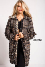 Central model view in Jovani M54805 featuring a luxurious tweed coat with intricate details in multi-color.