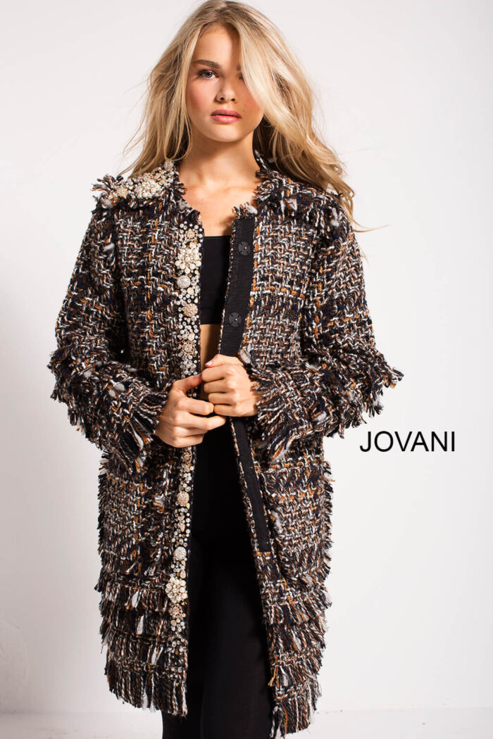 Model wearing Multi Three Quarter Length on Trend Jacket by Jovani M54805