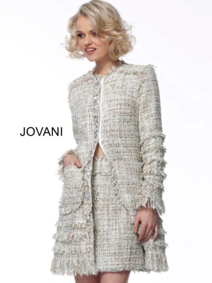 Model wearing Jovani M61371 in ivory multi-color, front view with open front design.