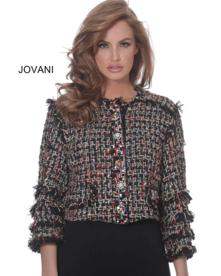 Model wearing Jovani M61374 jacket with multi-colored texture and sparkling details from the front.