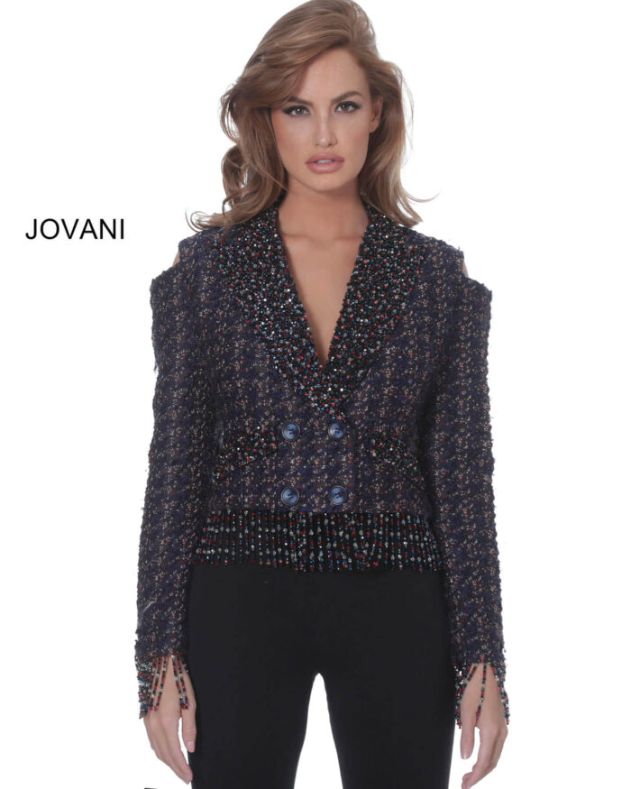 Model wearing Jovani M61912 Multi Cold Shoulder Contemporary Blazer