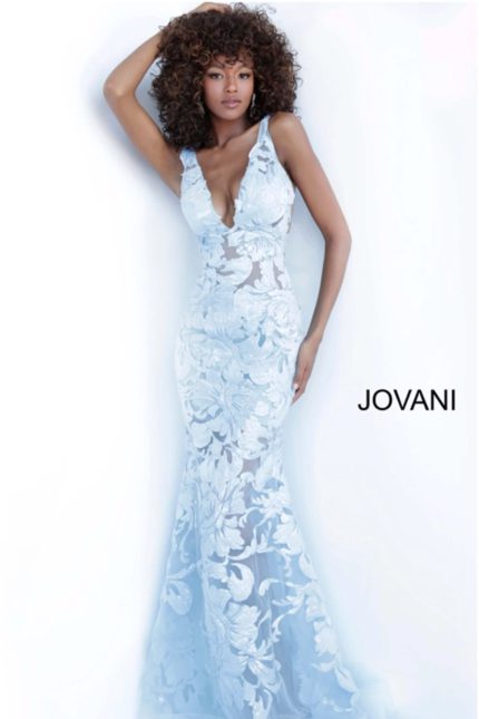 model wearing Jovani 60283 light blue dress with floral applique, front view