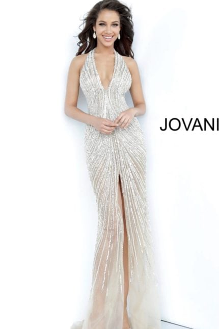 Model wearing Jovani 2609 nude dress with V-neckline and sequins, front view.