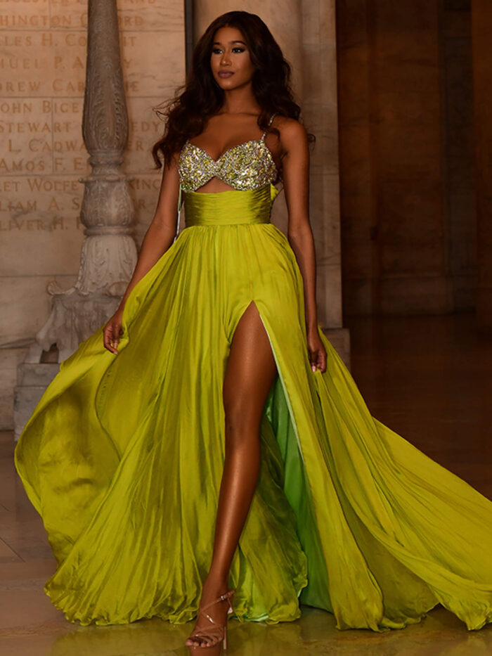 Model wearing Jovani S05823 Lime Chiffon High Slit Couture Gown