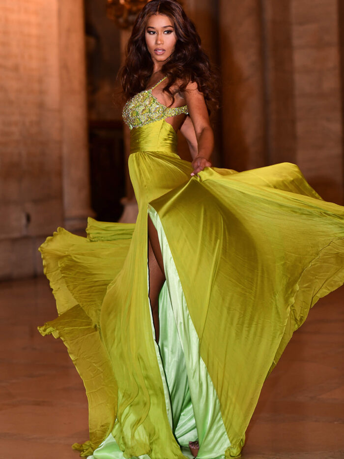 Model wearing Jovani S05823 Lime Chiffon High Slit Couture Gown