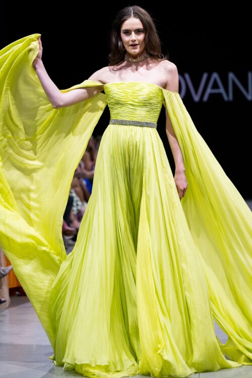 Model wearing Jovani S36443 Strapless Green Ruched Dress