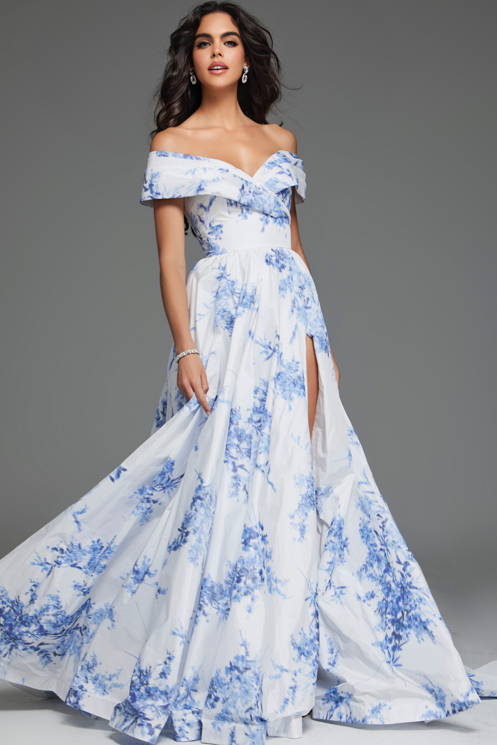 Off-Shoulder Floral Gown with High Slit and Flowing Train S38939