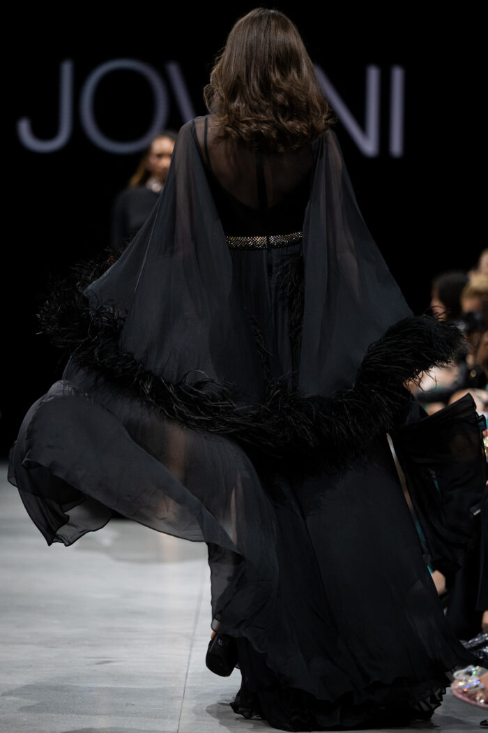 Model wearing Jovani S39276 Black Sheer Pageant Dress