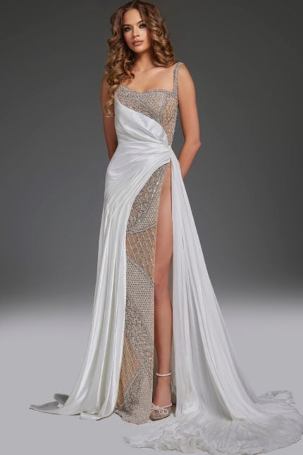 Model wearing Jovani S40406 white gown featuring a scoop neckline and beaded detailing.