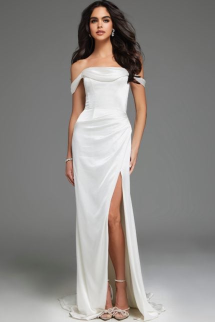 Model wearing Jovani 59780 white gown with an off-the-shoulder design and A-line silhouette, viewed from the back.