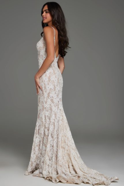 Model wearing S60534 elegant white lace gown, side view showcasing low back design.