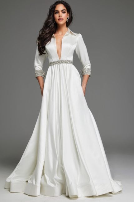 Model wearing Jovani S61342 elegant white A-line gown with V-neckline and embellished waist.