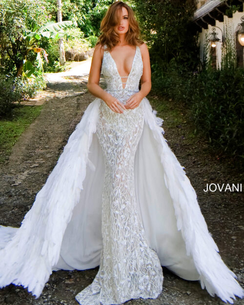 Model wearing Jovani S62942 Plunging Neck Embellished Couture Gown