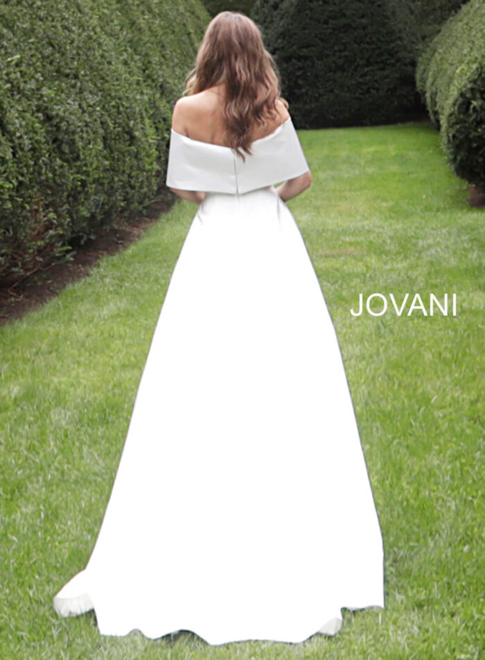 Model wearing Jovani S68287 Off White Silk Wedding Gown
