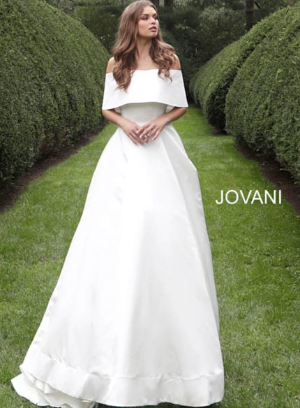 Model wearing Jovani S68287 white off-the-shoulder bridal gown front view.