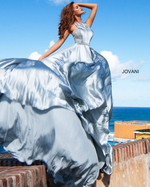 Model wearing Jovani S68289 Silver High Neck Silk Couture Dress