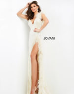 Stylish front view of Jovani 06164 beige dress with feather and sequin embellishments.