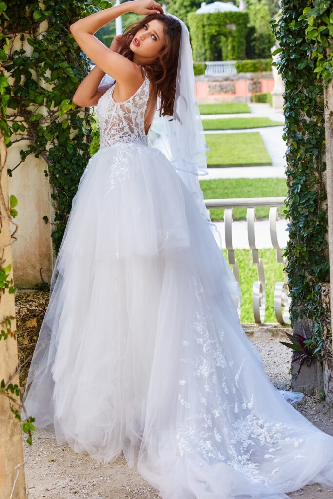 JB09393 White Plunging Neckline Sleeveless Wedding Ballgown