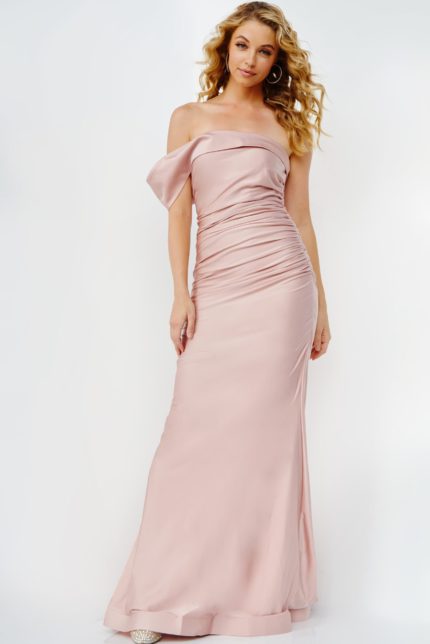 model wearing Jovani 07640 in blush with off-the-shoulder neckline and floor-length design