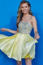 Model wearing K00722 in yellow with beaded bodice