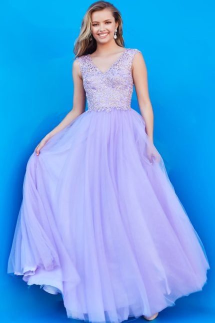 Model wearing K06822 lilac gown with V-neckline and floral lace details in front view.