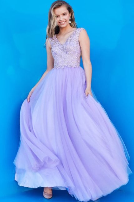 Model showing K06822 lilac A-line gown with flowing skirt and lace bodice in full front view.