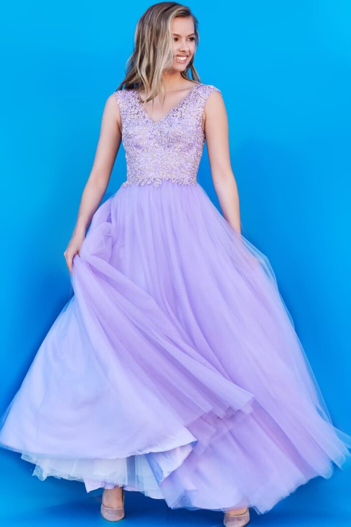 Model wearing Jovani K06822 Lilac V Neck Embroidered Girls Ballgown