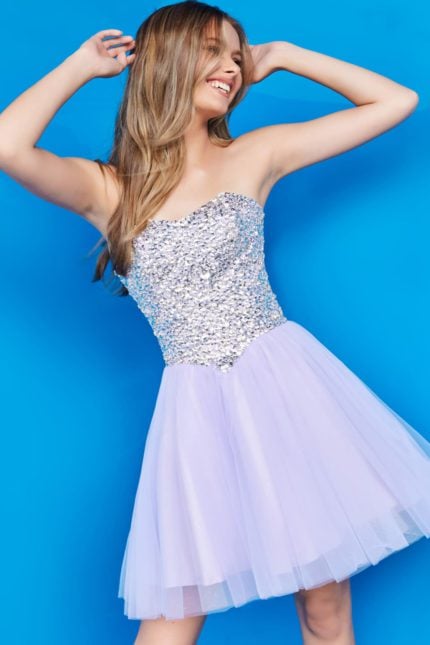 Model wearing K22231 lilac dress with sweetheart neckline and sequins, front view.