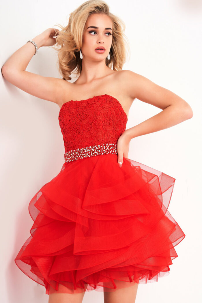 Model wearing Jovani K3099 Red Embellished Belt Strapless Girls Dress