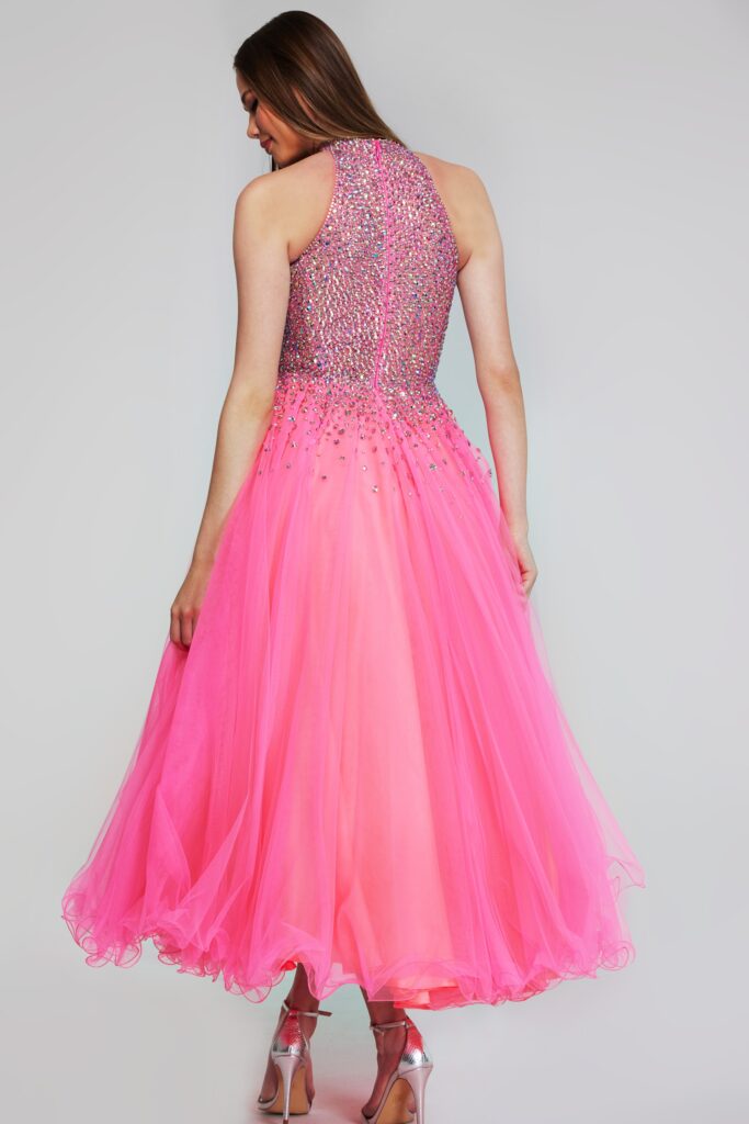 Hot Pink Beaded Halter Tulle Gown K38284