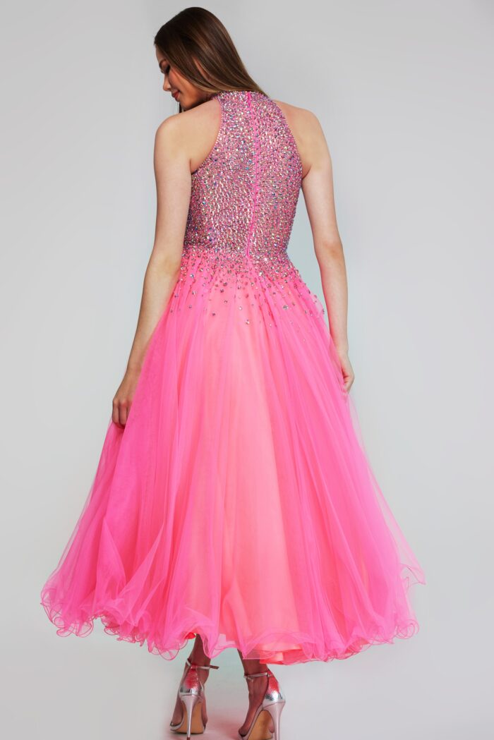 Model wearing Hot Pink Beaded Halter Tulle Gown K38284