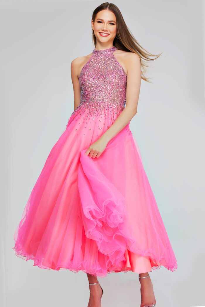 Model wearing Hot Pink Beaded Halter Tulle Gown K38284