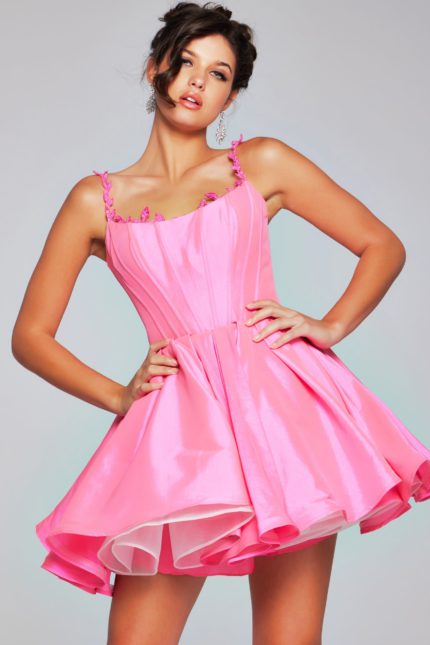 model wearing Jovani k44210 pink dress with flared silhouette and decorative neckline