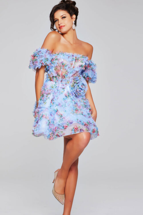 Model wearing Floral Off-Shoulder Ruffle Dress K44213