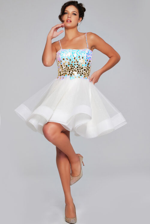 Model wearing White Sequin Fit and Flare Dress k44217