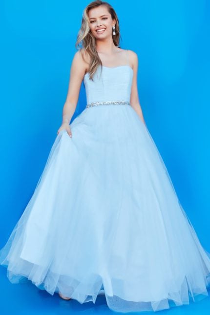 Model wearing Jovani k66712 blue ball gown with sweetheart neckline and embellished waistband.