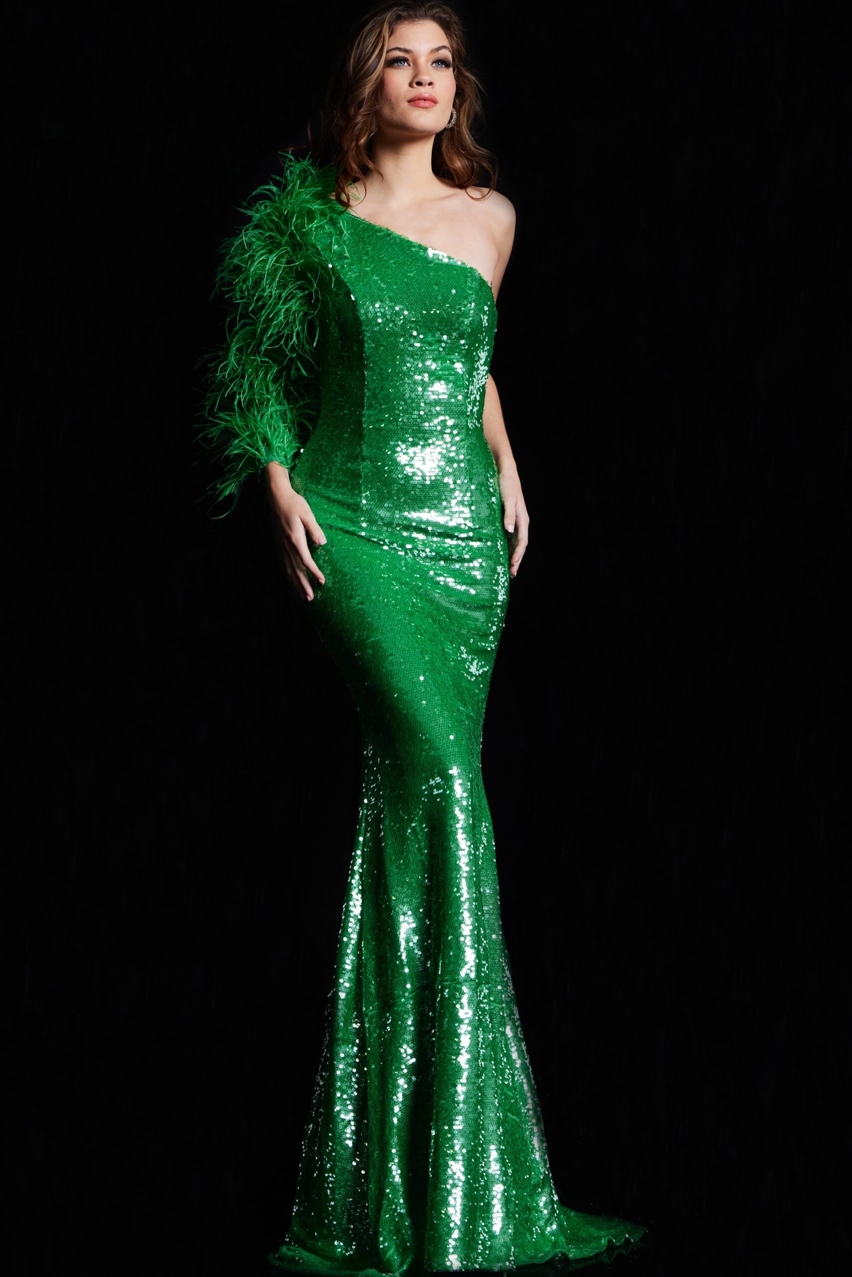 Model wearing Green One Shoulder Feather Sleeve Dress 23980
