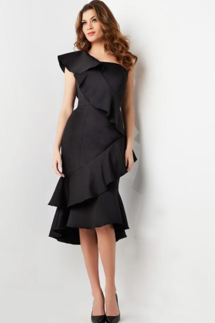 Front view of model in Jovani 25971 black dress showcasing ruffle and fitted style.