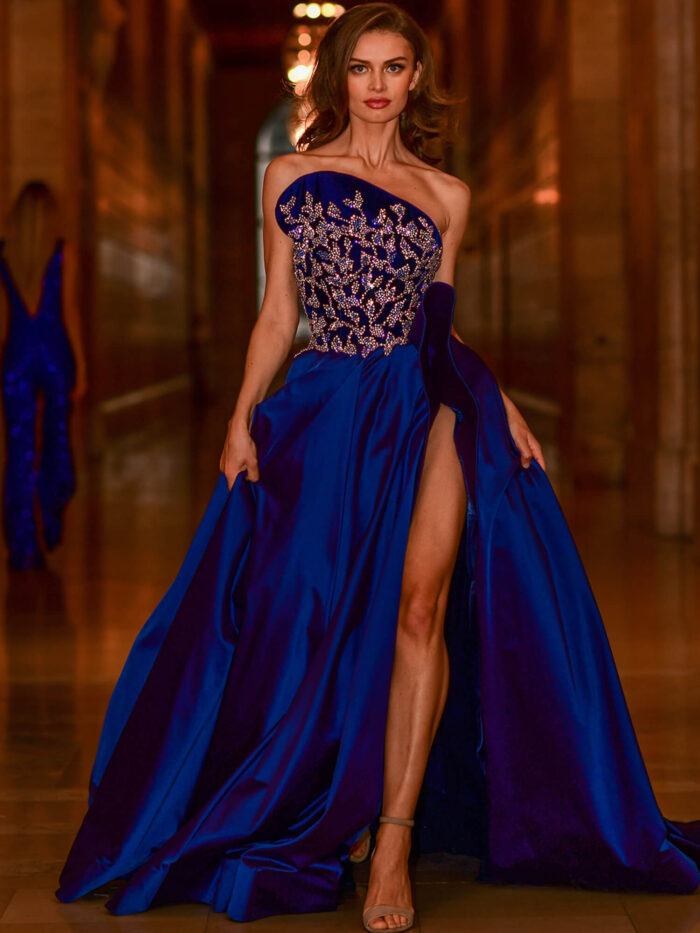 Model wearing Jovani S06347 Navy Strapless Taffeta Couture Gown