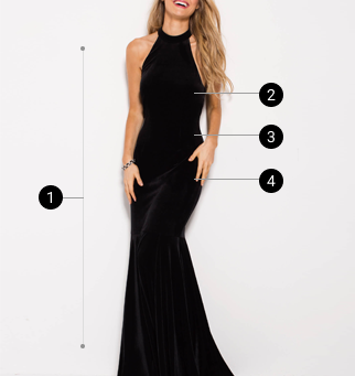 Sizing guide for a black halter neck gown. The image shows a woman wearing the gown with measurement points indicated: 1. Full length of the gown, 2. Bust, 3. Waist, 4. Hips.