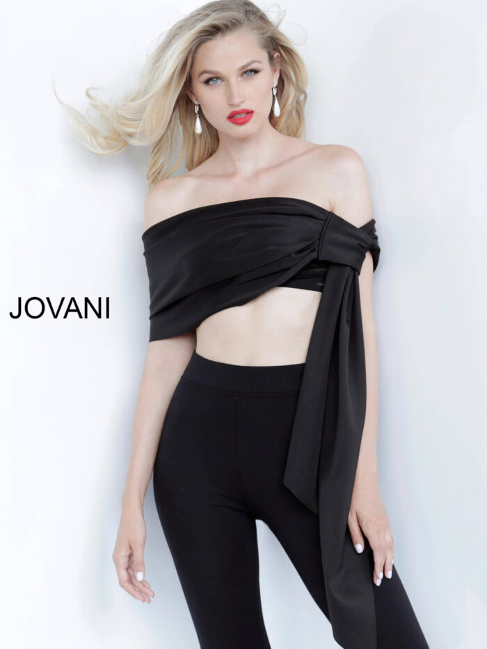 Model wearing Black Jovani Off the Shoulder Wrap 68693